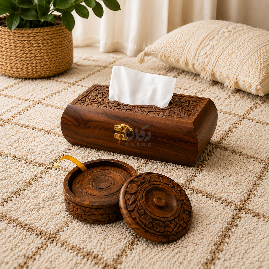 Wooden Tea Coaster & Tissue Box Set – Hand Carved Sheesham Wood