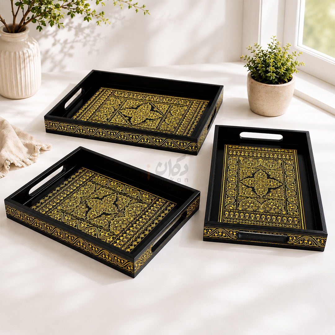 Naqshi Art Wooden Serving Tray Set – Handcrafted for Decorative and Serving - Yellow Color