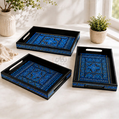 Naqshi Art Wooden Serving Tray Set – Handcrafted for Decorative and Serving - Blue Color