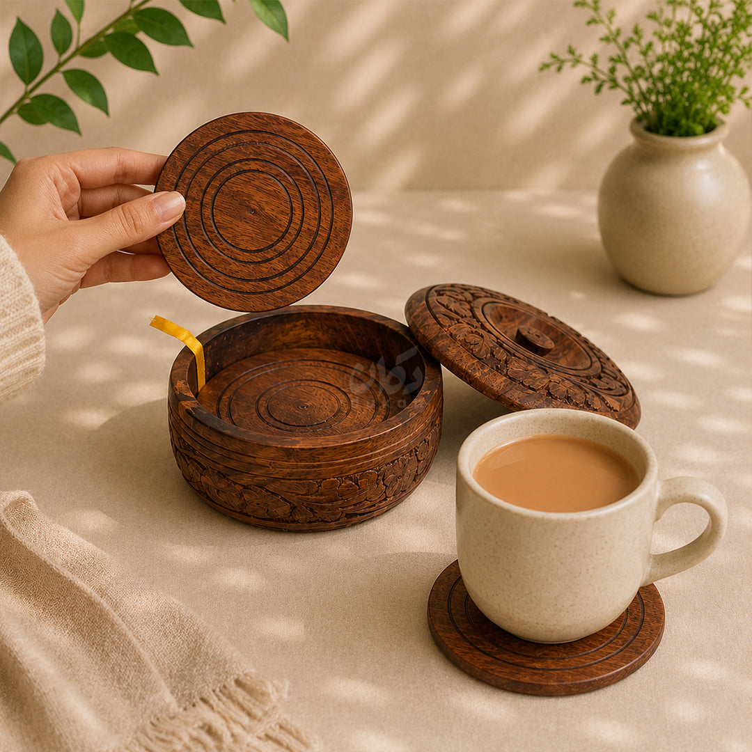 6 Pieces Solid Sheesham Wood Tea Coaster Set with Holder
