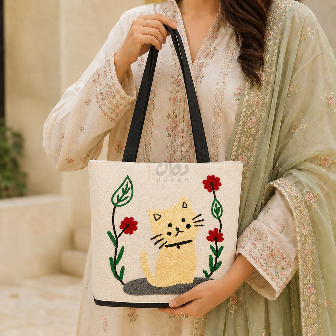 Handcrafted Embroidered Canvas Tote Bag | Handmade Eco-Friendly Women's Shoulder Bag