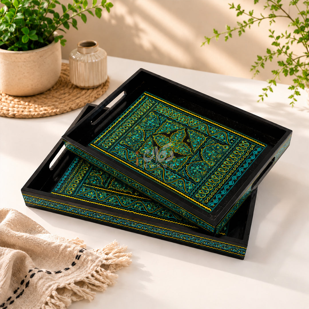 Naqshi Art Wooden Serving Tray Set – Handcrafted for Decorative and Serving - Green