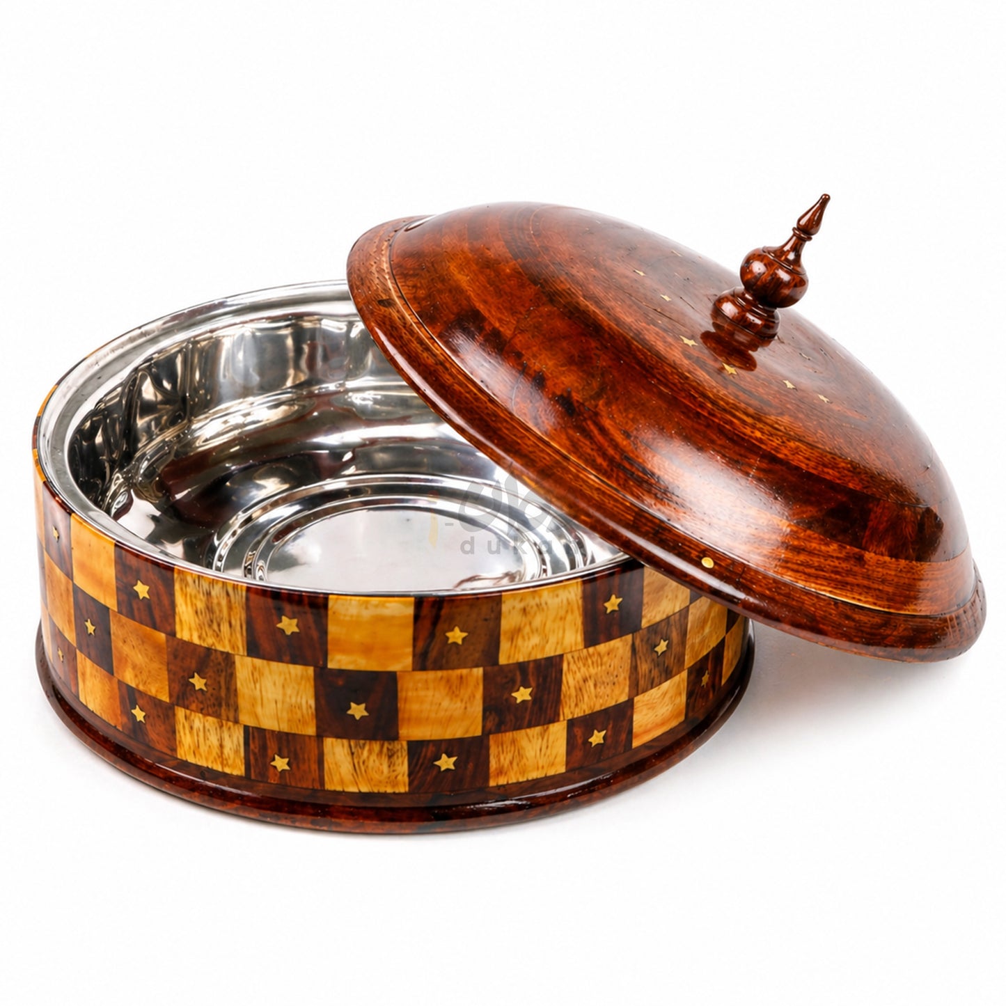 Handcrafted Brass Work Wooden Hotpot for Roti With Stainless Steel Bowl (12 Inches)