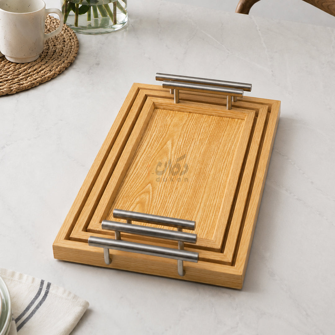 Kail Wood Set of 3 Serving Trays With Steel Handles