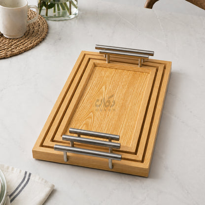 Kail Wood Set of 3 Serving Trays With Steel Handles