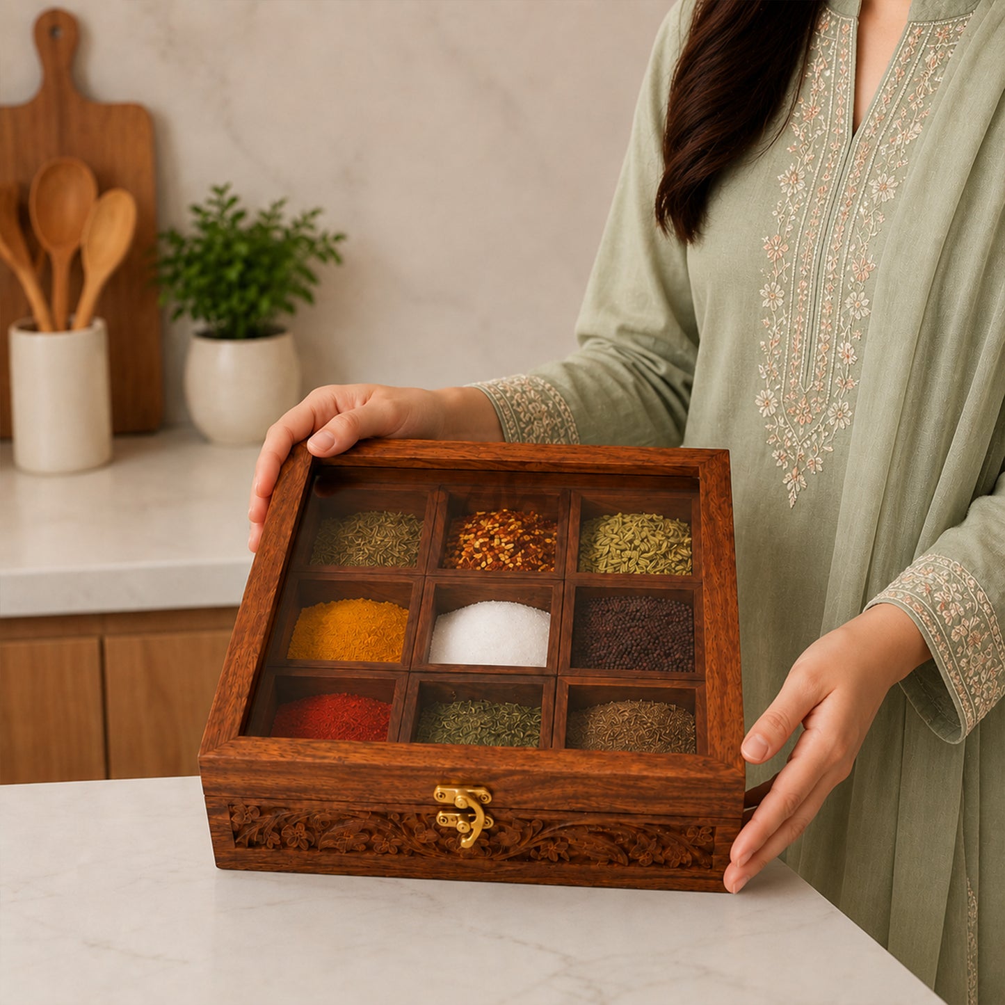 Wooden Spice Box with Transparent Glass Lid on Top Multipurpose  Moveable Containers with Spoon