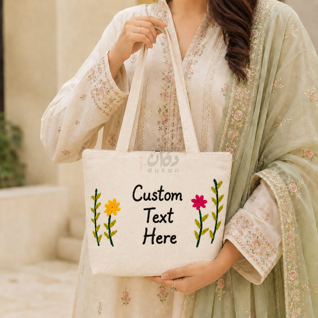 Custom Design Embroidered Canvas Tote Bag | Personalized Handmade Shoulder Bag for Women