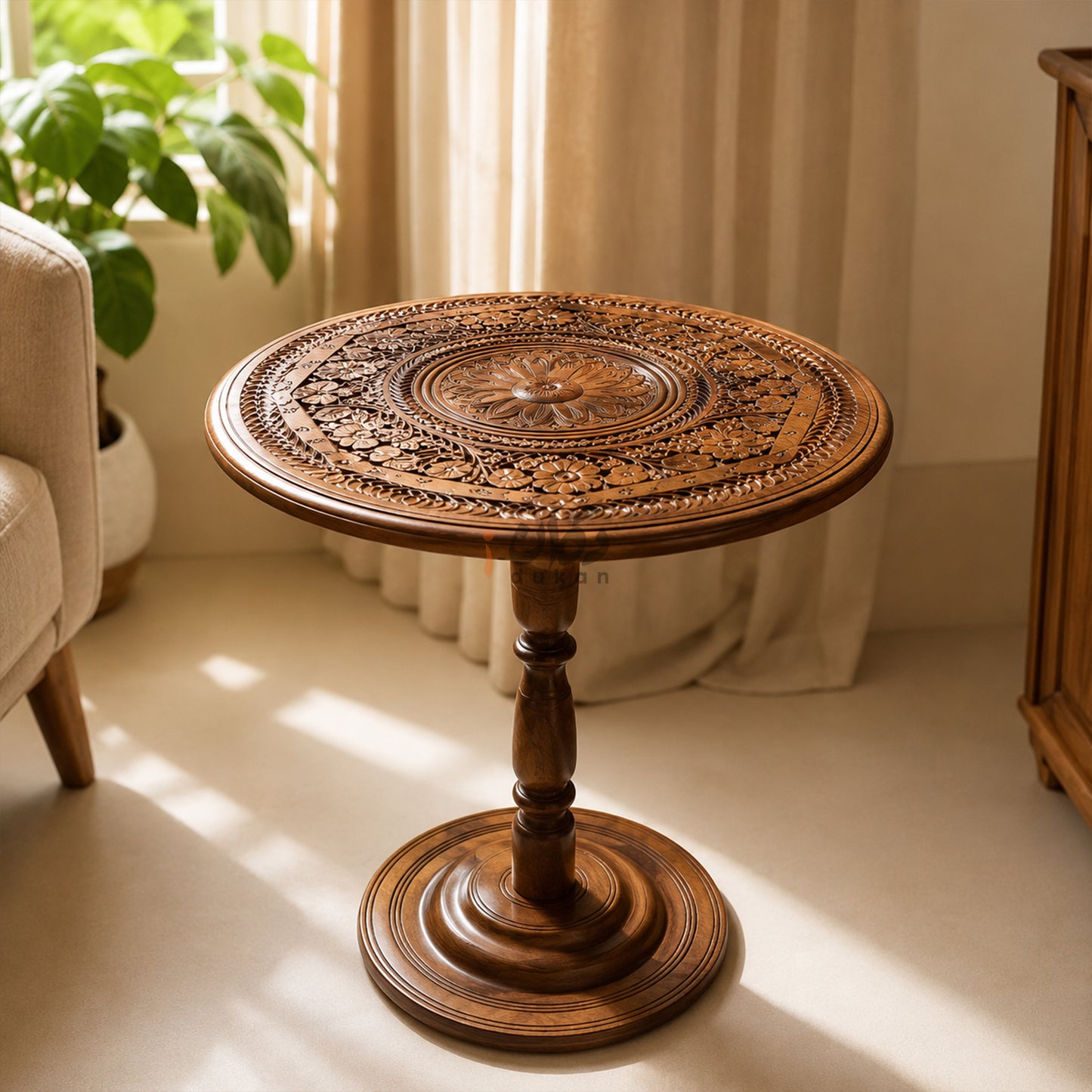 Hand Carving Pure Sheesham Wood Round Coffee Table