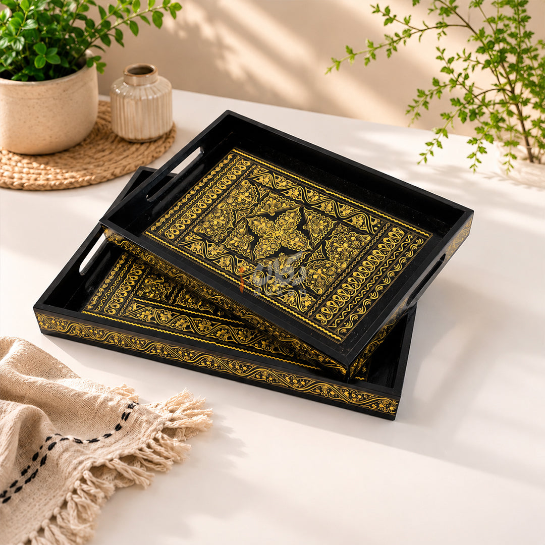 Naqshi Art Wooden Serving Tray Set – Handcrafted for Decorative and Serving - Yellow Color