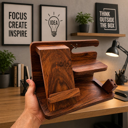 Solid Sheesham Wood Desk Organizer | Phone Docking Stand Watches Key Holder