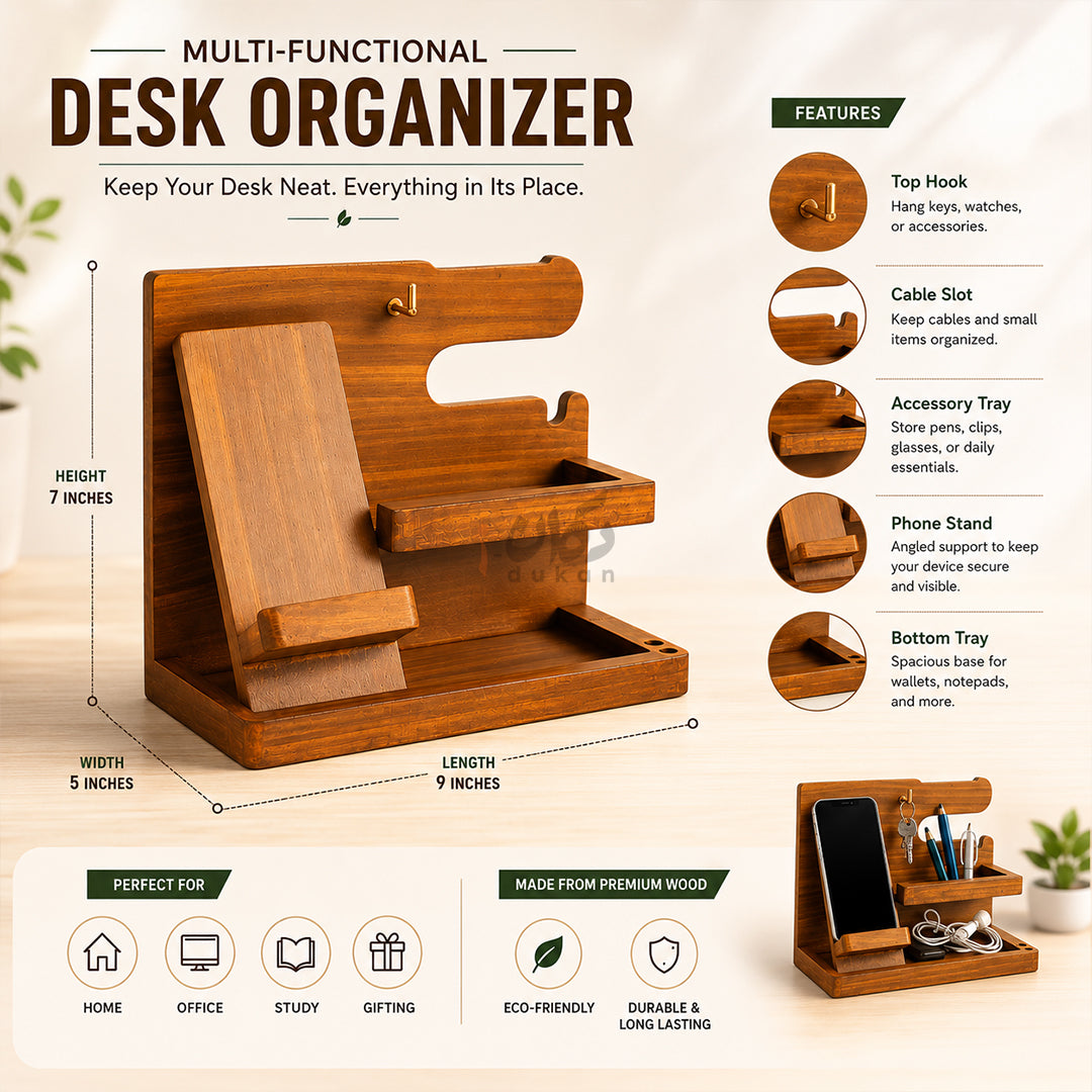 Wood MDF Desk Organizer | Phone Docking Stand Watches Key Holder