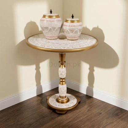Hand-Painted NAQASHI Art Coffee Side Table for Home Decor (Off White)