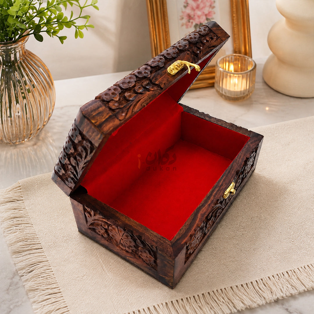 Handmade Wooden Tissue Box with Floral Hand Carving | Premium Sheesham Wood Storage Box