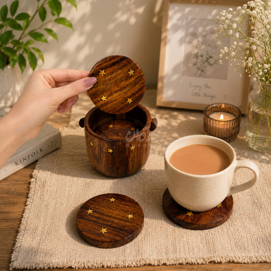 6 Pieces Solid Sheesham Wood Tea Coaster Set with Holder