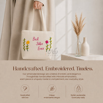 Handcrafted Embroidered Canvas Tote Bag | Handmade Eco-Friendly Women's Shoulder Bag