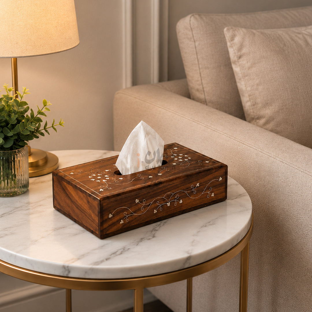 Wooden Tea Coaster & Tissue Box Set – Hand Brass Work Sheesham Wood