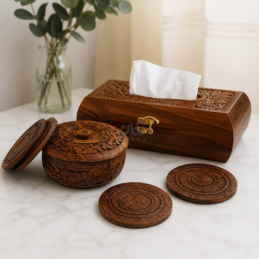 Wooden Tea Coaster & Tissue Box Set – Hand Carved Sheesham Wood