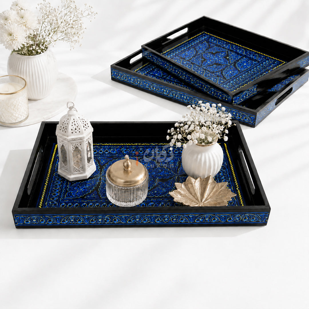 Naqshi Art Wooden Serving Tray Set – Handcrafted for Decorative and Serving - Blue Color