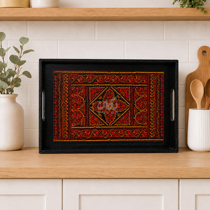 Naqshi Art Wooden Serving Tray Set – Handcrafted for Decorative and Serving - Red Color