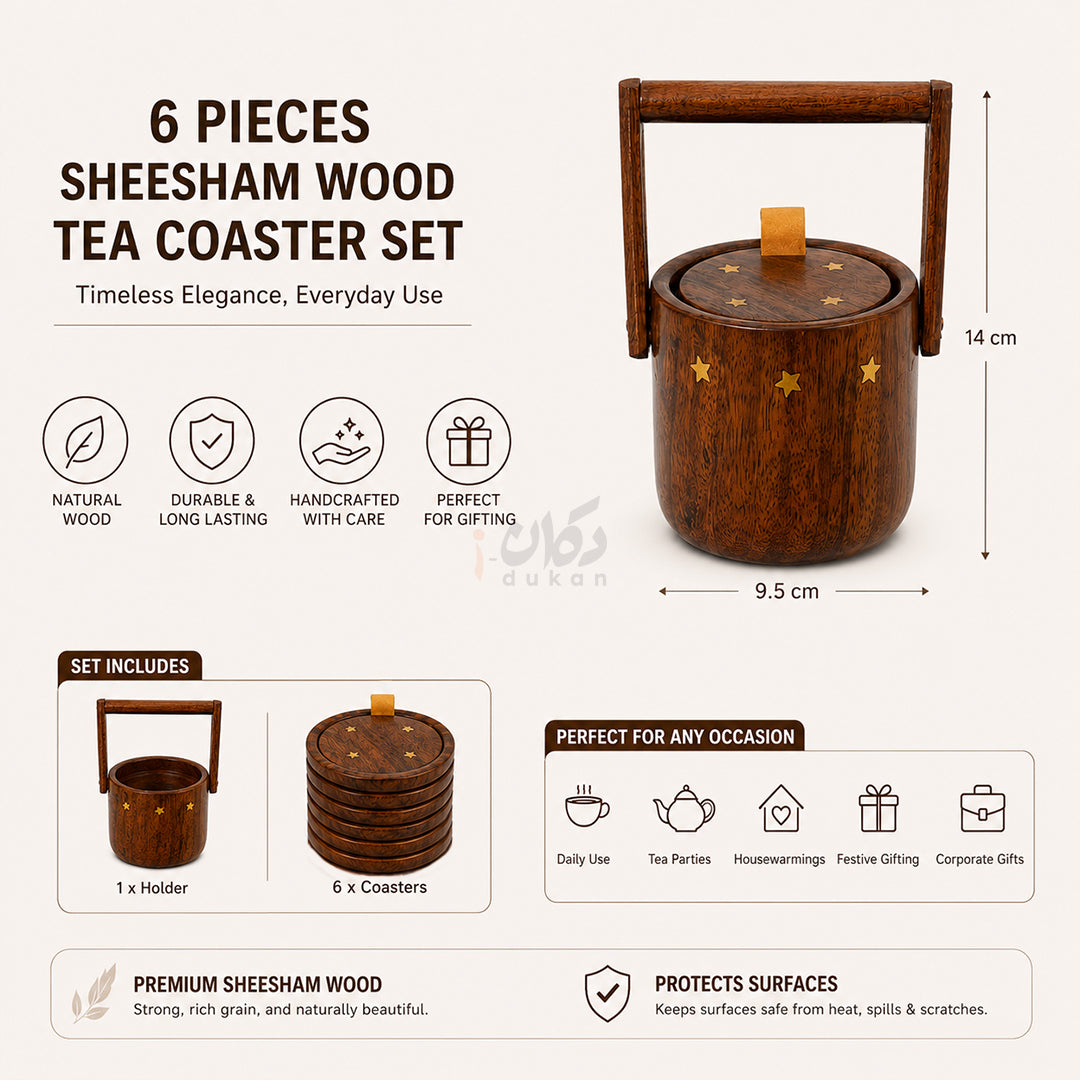 6 Pieces Solid Sheesham Wood Tea Coaster Set with Holder