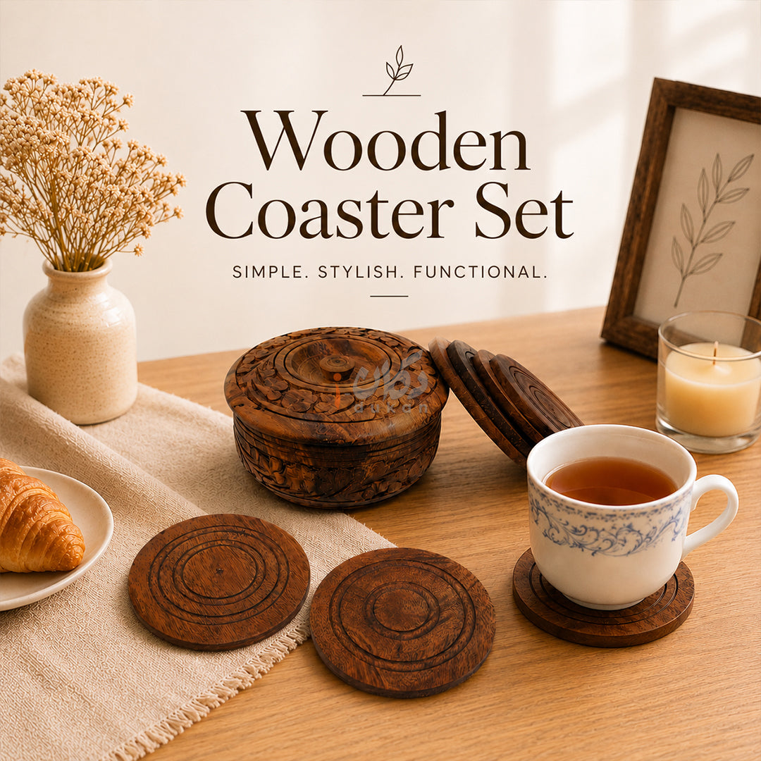 Wooden Tea Coaster & Tissue Box Set – Hand Carved Sheesham Wood
