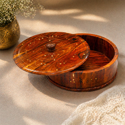 Handcrafted Brass Work Wooden Hotpot for Roti