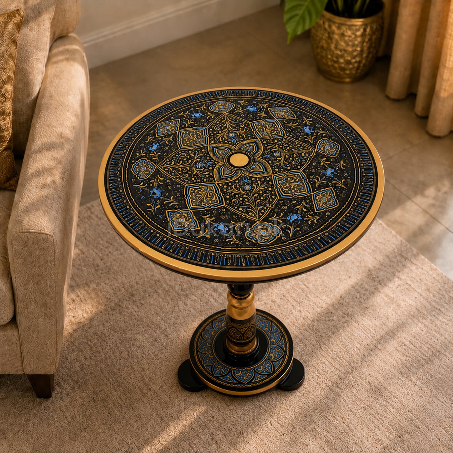 Hand-Painted NAQASHI Art Coffee Side Table for Home Decor (Black Fancy)
