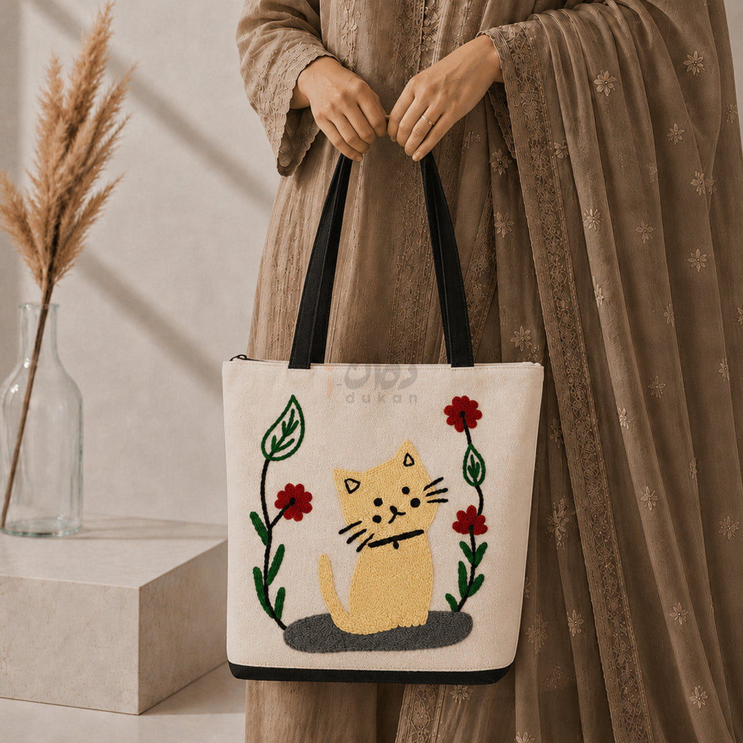 Handcrafted Embroidered Canvas Tote Bag | Handmade Eco-Friendly Women's Shoulder Bag