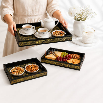 Naqshi Art Wooden Serving Tray Set – Handcrafted for Decorative and Serving - Yellow Color