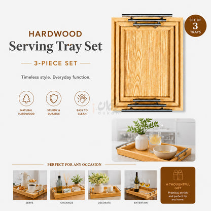Kail Wood Set of 3 Serving Trays With Steel Handles