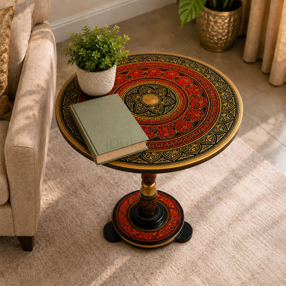 Hand-Painted NAQASHI Art Coffee Side Table for Home Decor (Golden Red)