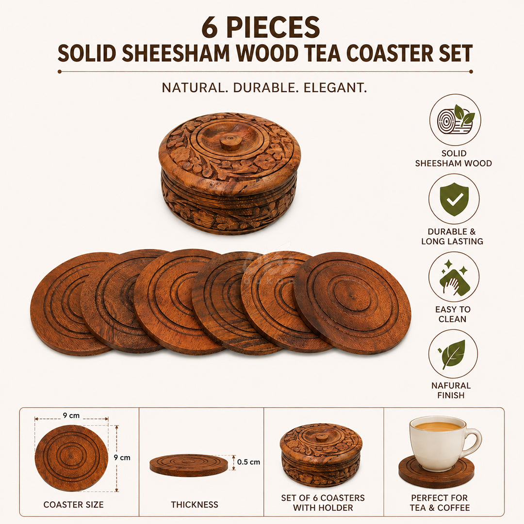6 Pieces Solid Sheesham Wood Tea Coaster Set with Holder