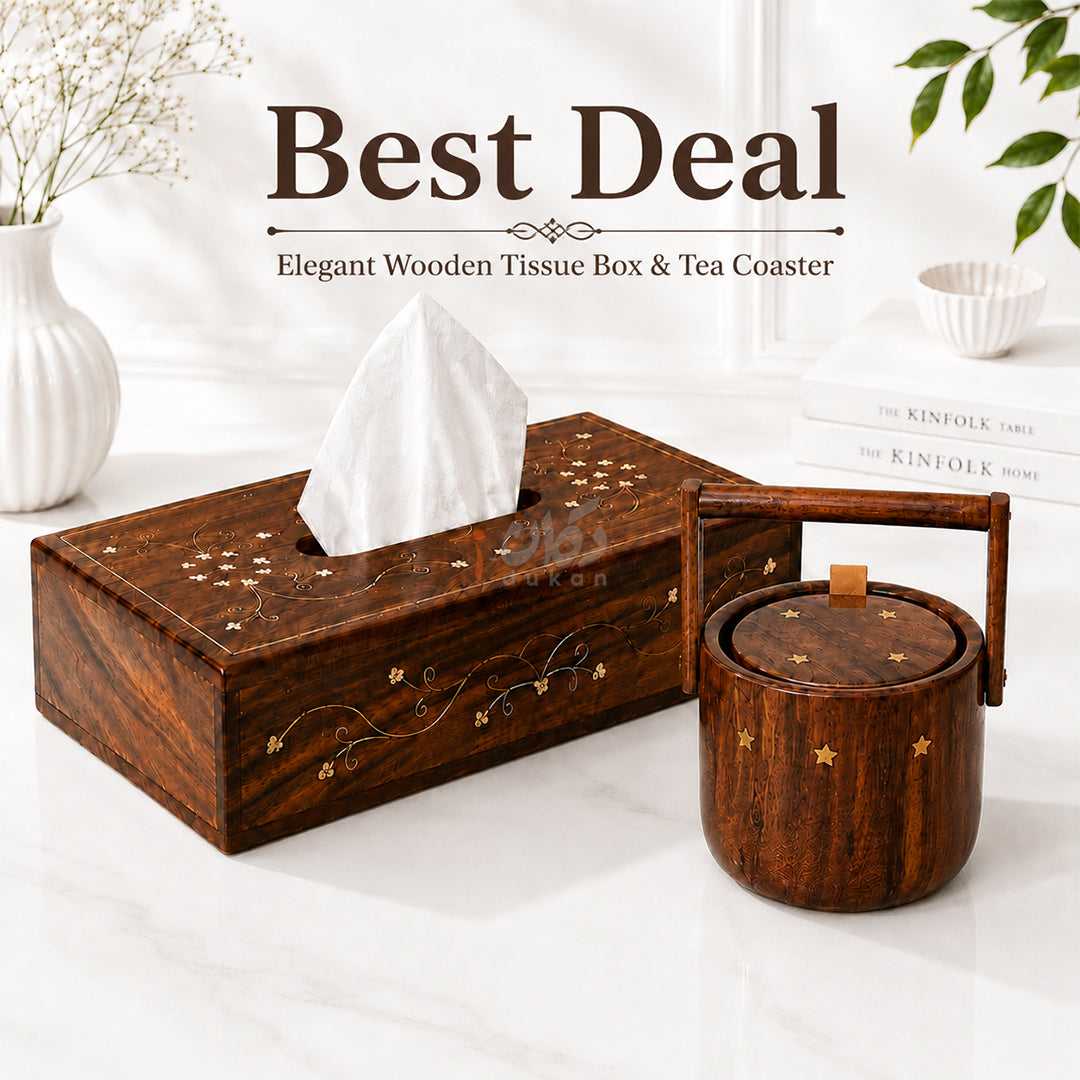 Wooden Tea Coaster & Tissue Box Set – Hand Brass Work Sheesham Wood