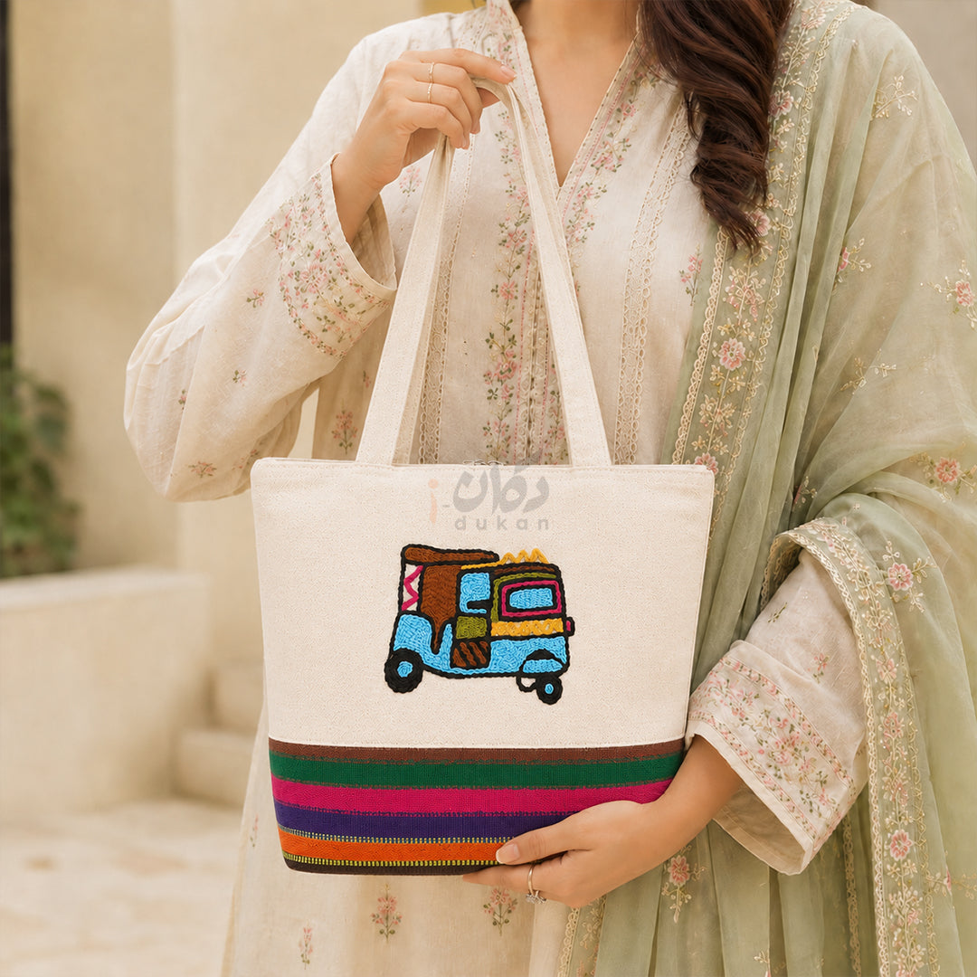 Handcrafted Embroidered Canvas Tote Bag | Handmade Eco-Friendly Women's Shoulder Bag