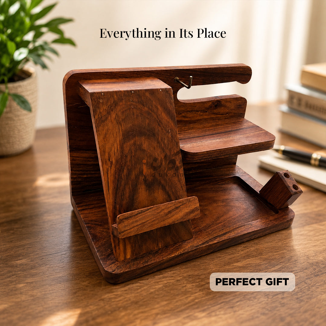 Solid Sheesham Wood Desk Organizer | Phone Docking Stand Watches Key Holder