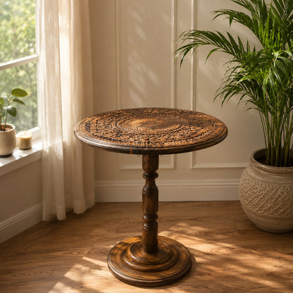 Hand Carving Pure Sheesham Wood Round Coffee Table