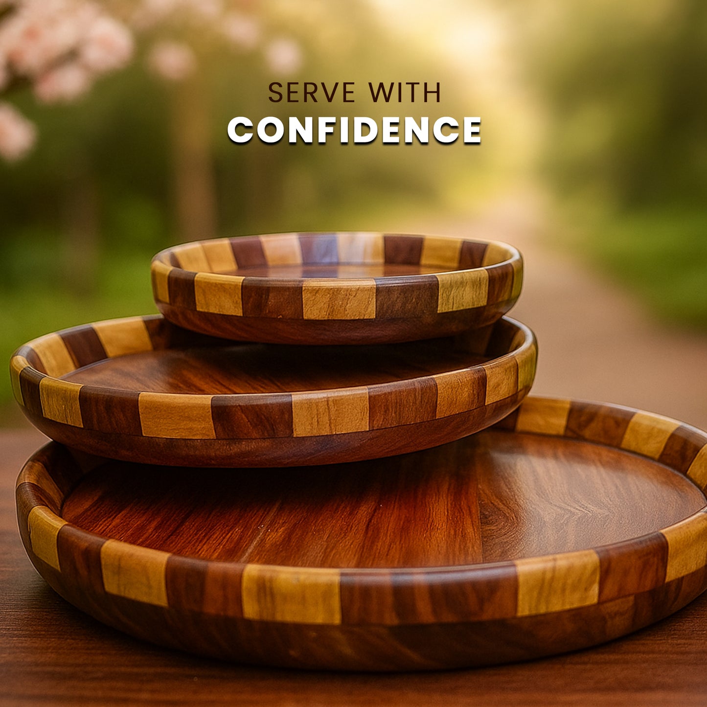 Handcrafted Sheesham Wood Plates Set of 3 for Serving and Decor