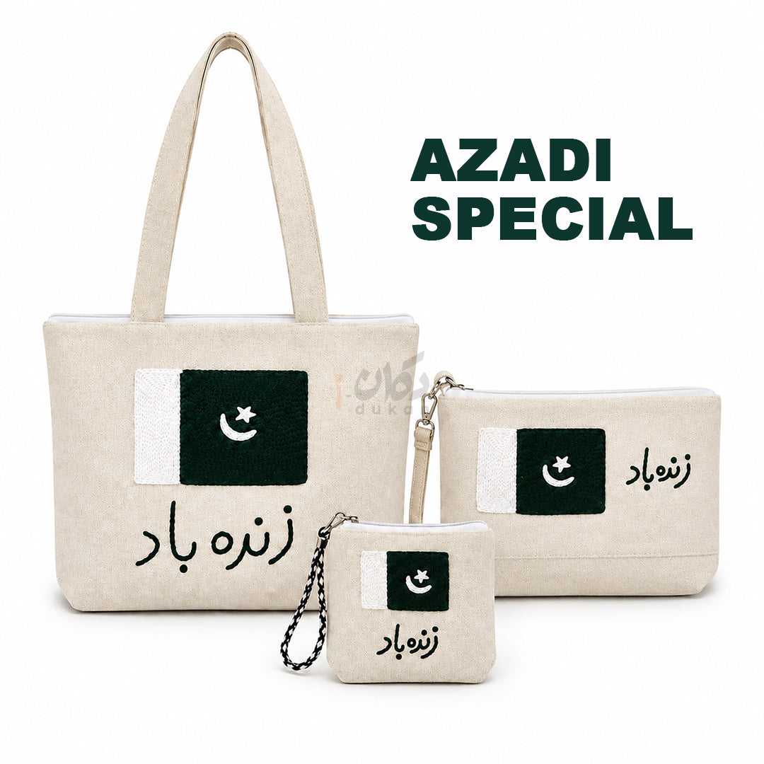 Azadi Special Hand Embroidered Cotton Canvas Bags for Women with Pakistan Flag and Zindabad Text