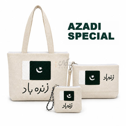 Azadi Special Hand Embroidered Cotton Canvas Bags for Women with Pakistan Flag and Zindabad Text