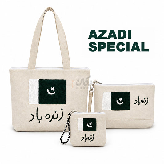 Azadi Special Hand Embroidered Cotton Canvas Bags for Women with Pakistan Flag and Zindabad Text