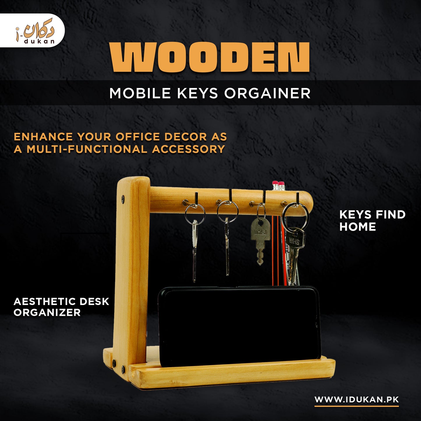 Wooden Office Key holder Phone Stand| Key Hanging Hooks Watch Glasses Holder