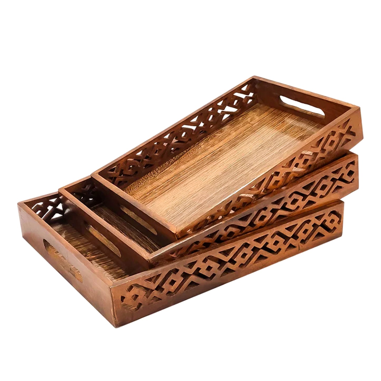 Traditional Hand Carving Serving Tray Set of 3 With Handles