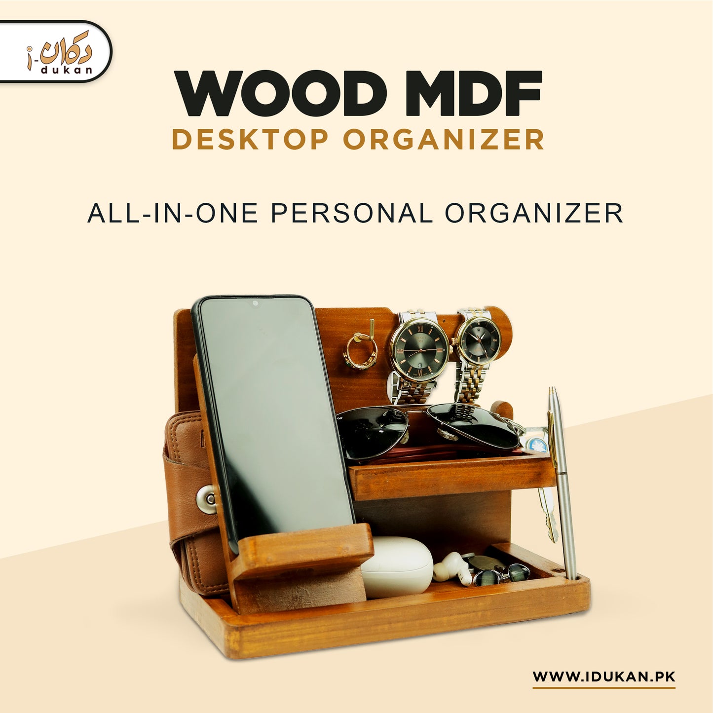 Wood MDF Desk Organizer | Phone Docking Stand Watches Key Holder