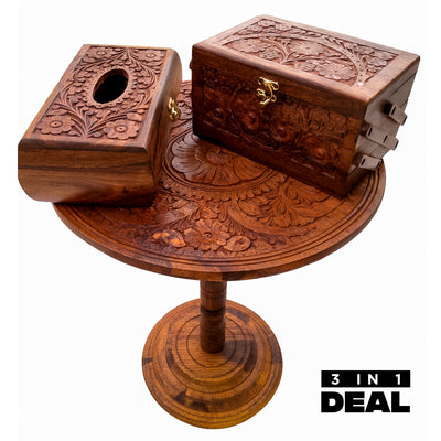 3 in 1 Hand-Carved Table, Tissue & Jewelry Box Set