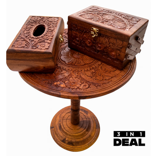 3 in 1 Hand-Carved Table, Tissue & Jewelry Box Set