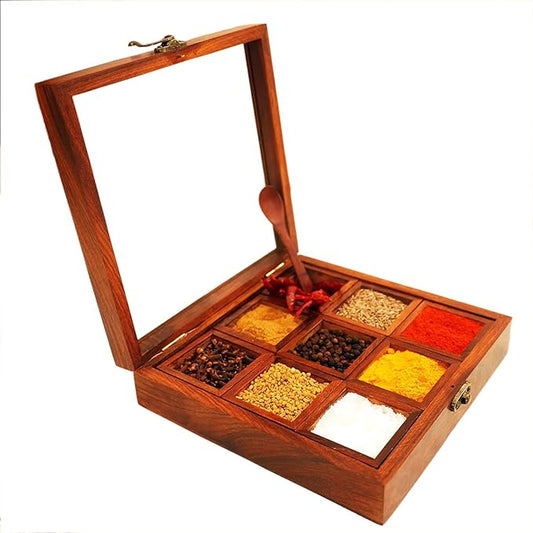 Wooden Spice Box with Transparent Glass Lid on Top Multipurpose  Moveable Containers with Spoon