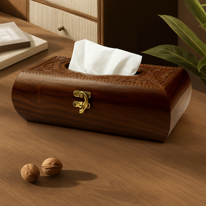 Handcrafted Wooden Tissue Boxes with Naqshi, Brass and Carving Work