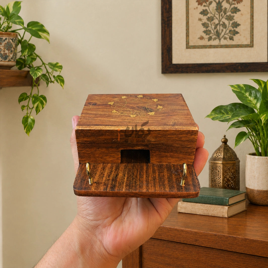 Handcrafted Wooden Mobile Holder with Key Hooks – Floral Brass Design