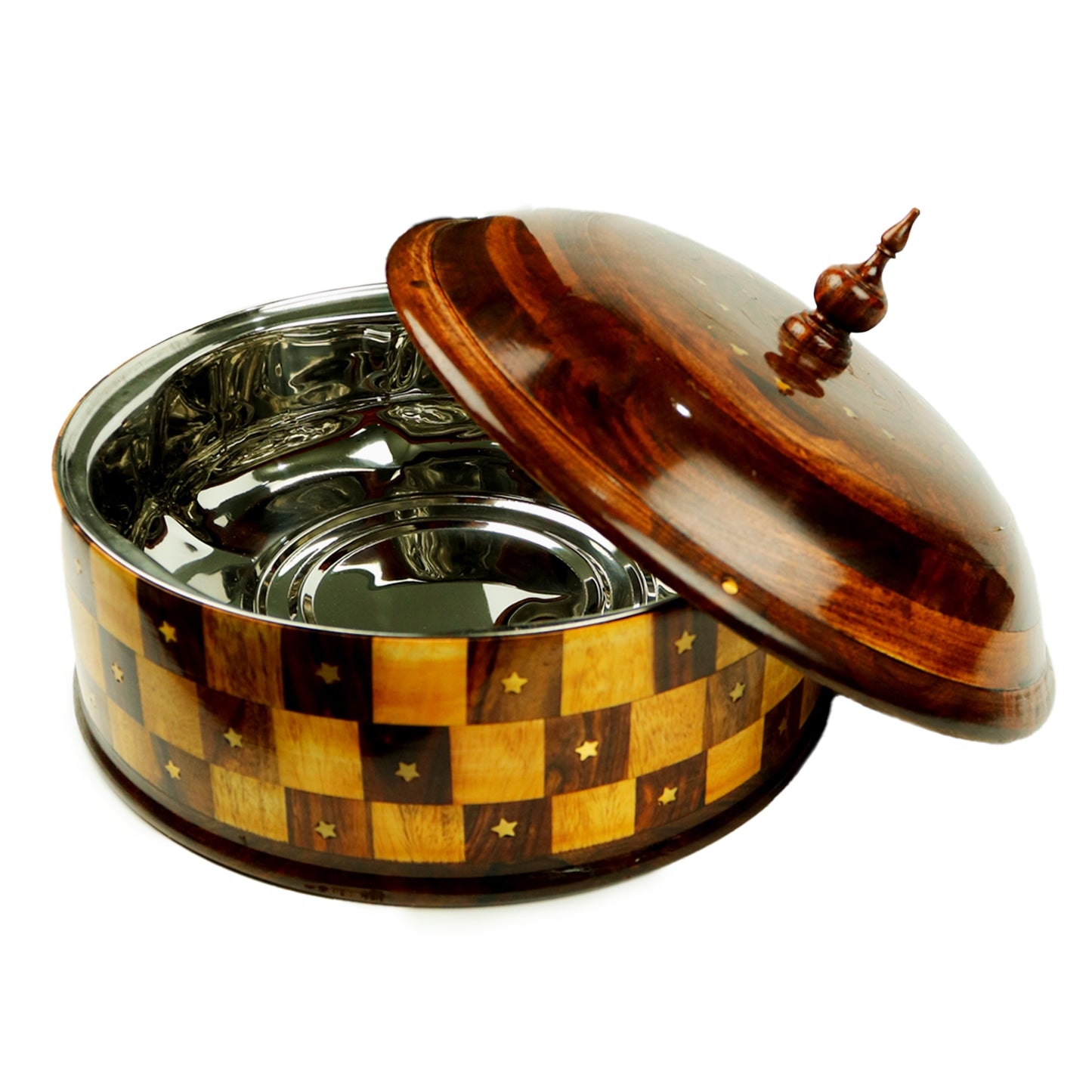 Handcrafted Brass Work Wooden Hotpot for Roti With Stainless Steel Bowl (12 Inches)