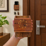 Handcrafted Wooden Mobile Holder with Key Hooks – Floral Brass Design